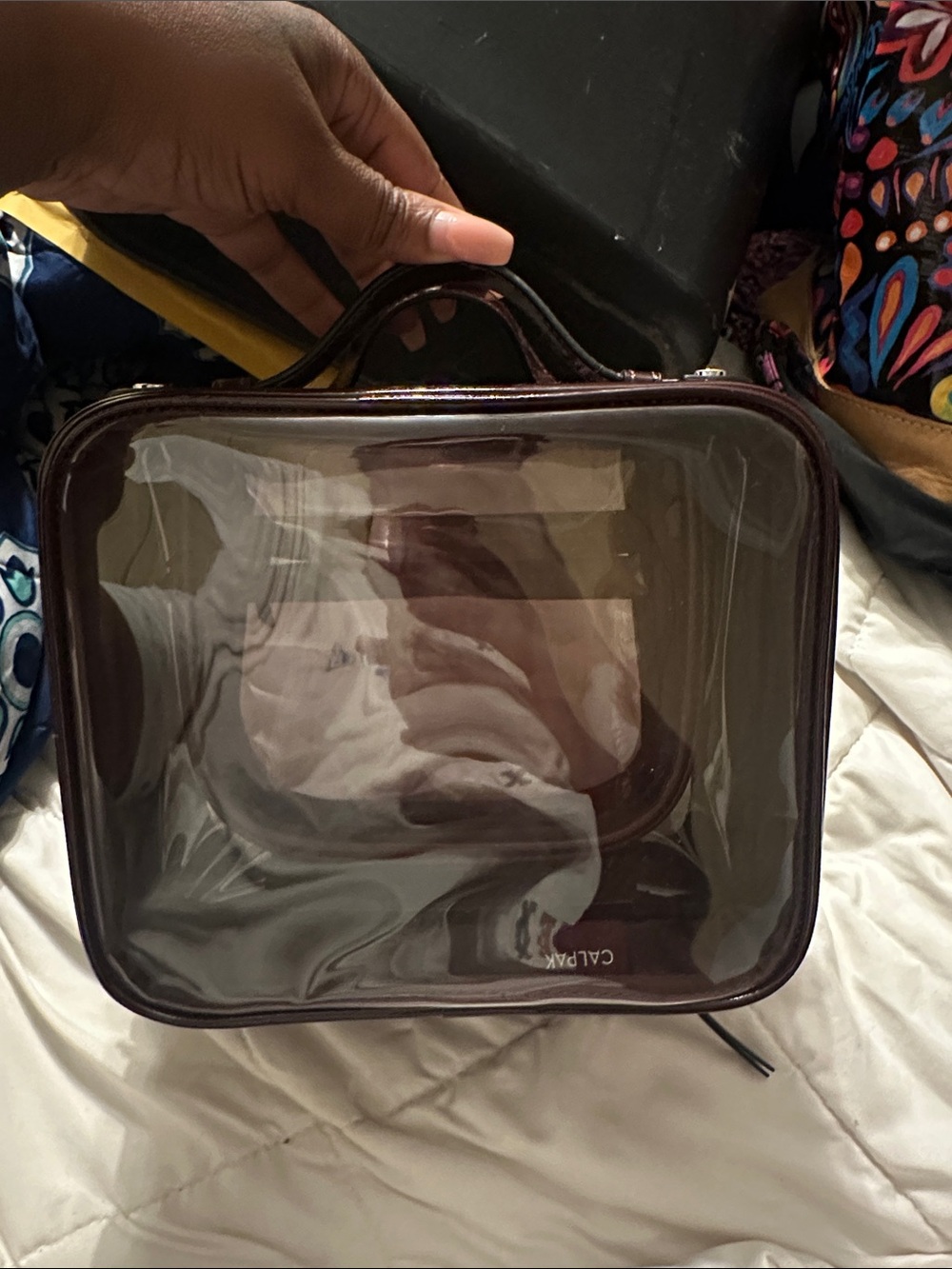Calpak Clear Toiletry Bag with Dark Brown Trim